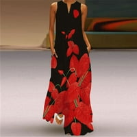 Nyári ruha nőknek alkalmi laza ujjatlan rakott ruha nyomtatás Maxi ruha zsebekkel Pamut strand ruha Női ruhák Piros