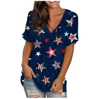 Női nyári felsők Alkalmi Divat Rövid ujjú v nyakú póló Túlméretezett amerikai zászló nyomtatás felső oldalsó rés hazafias