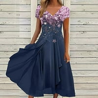 Virágos nyári ruha nyomtatás V nyakú A-Line rakott Hem Flowy ruhák értékesítési távolság Rövid ujjú hosszú Sundresses
