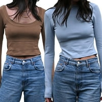 TheFound Női Hosszú ujjú Backless Crop felsők négyzet nyakú vékony felszerelt póló Y2K alacsony vágású Bodycon felsők