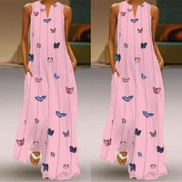 iOPQO ruhák nőknek Vintage Napi Alkalmi ujjatlan csíkos pillangó Nyomtatott Nyári ruha rózsaszín ruha