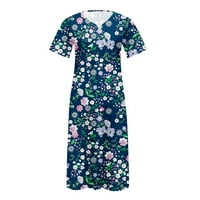 Női Rövid ujjú Maxi ruha alkalmi Virágmintás póló hosszú ruhák zsebekkel nyári V-nyakú szép kerti ruha kék