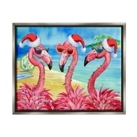 Stupell Industries Holiday Lights Flamingos Beach Graphic Art Gray szürke úszó keretes vászon nyomtatott fali művészet,